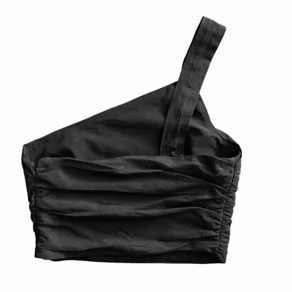 Zara Crop Top One Shoulder Linen Blend Black Ruched Size Medium - Picture 2 of 6